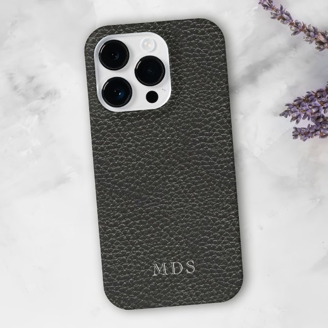 Personalized Black Faux Leather Look Monogram iPhone Case (A classic black faux leather look phone case with space for your initials)