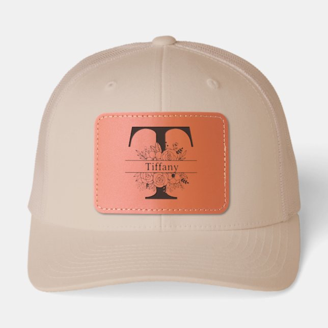 Personalized Black Floral Initial Letter Monogram  Leather Patch Hat (Front)