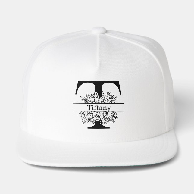 Personalized Black Floral Initial Letter Monogram  Snap Back Hat (Front)