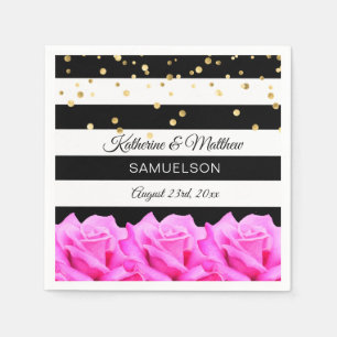 Personalized Black Floral Pink Roses Gold Wedding Paper Napkins