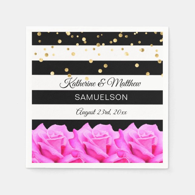 Personalized Black Floral Pink Roses Gold Wedding Paper Napkins (Front)