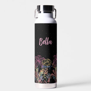 Personalized Black Floral & Starry Night Stainless Water Bottle