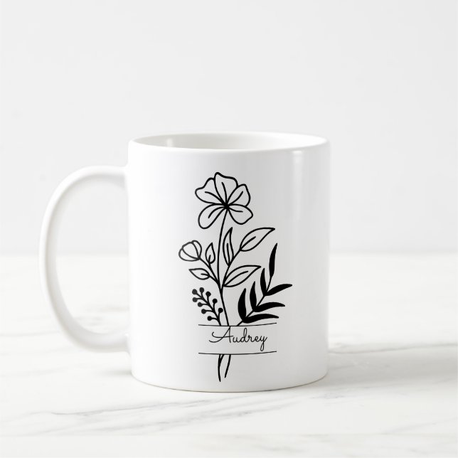 Personalized Black Flower Illustrated With Name Coffee Mug (Left)