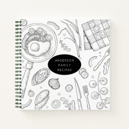 Personalized Black Food Drawing Recipe Notebook