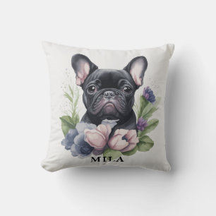 Personalized Black Frenchie Pug Dog Watercolor Throw Pillow