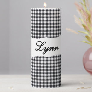 Personalized Black Gingham Check Custom Name Pillar Candle