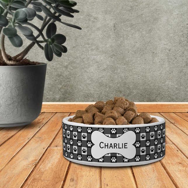 Personalized Black Gingham with Paw Prints Bone Bowl (Creator Uploaded)
