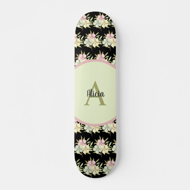 Personalized Black Girly Floral Personalized Skateboard (Front)