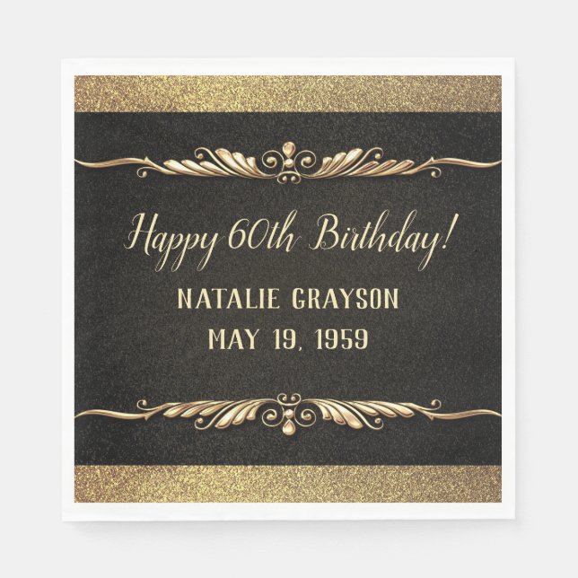 Personalized Black Glam & Gold Birthday Party Napkins (Front)