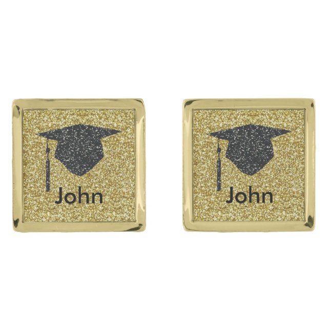 Personalized Black Glitter Graduation Cap Cufflink (Front)