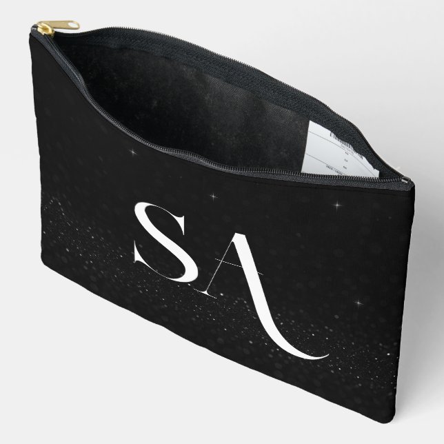 Personalized Black Glitter Initials Large  Accessory Pouch (Open)