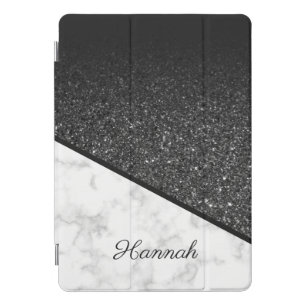Personalized Black Glitter - White Marble iPad Pro Cover