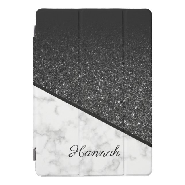 Personalized Black Glitter - White Marble iPad Pro Cover (Front)