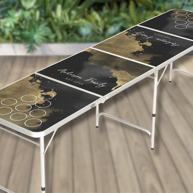 Personalized Black Gold Beer Pong Table (Elegant Family Name Watercolor Black Gold Marble Beer Pong Table)