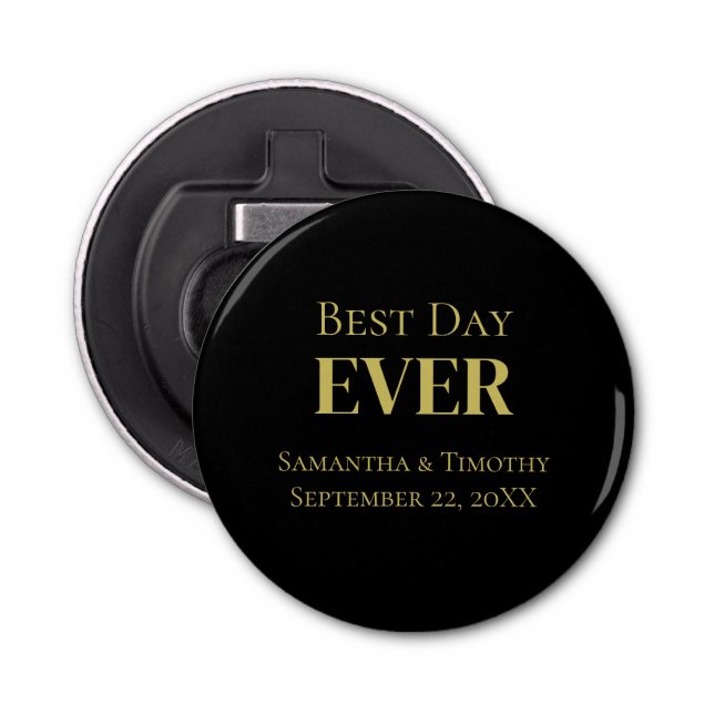 Personalized Black Gold Best Day Ever Wedding Bottle Opener (Front)