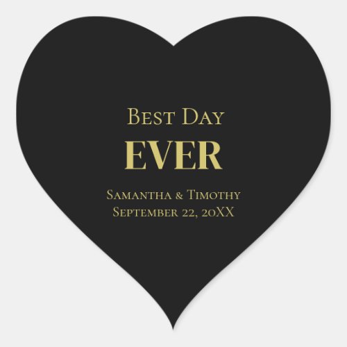 Personalized Black Gold Best Day Ever Wedding Heart Sticker