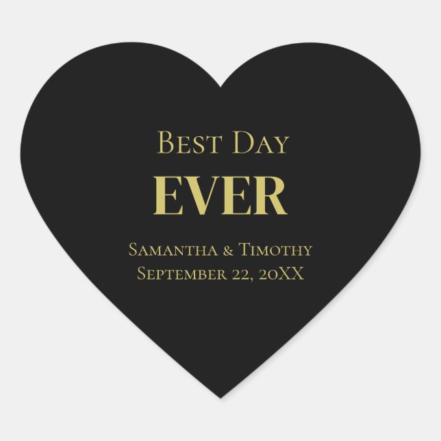 Personalized Black Gold Best Day Ever Wedding Heart Sticker (Front)