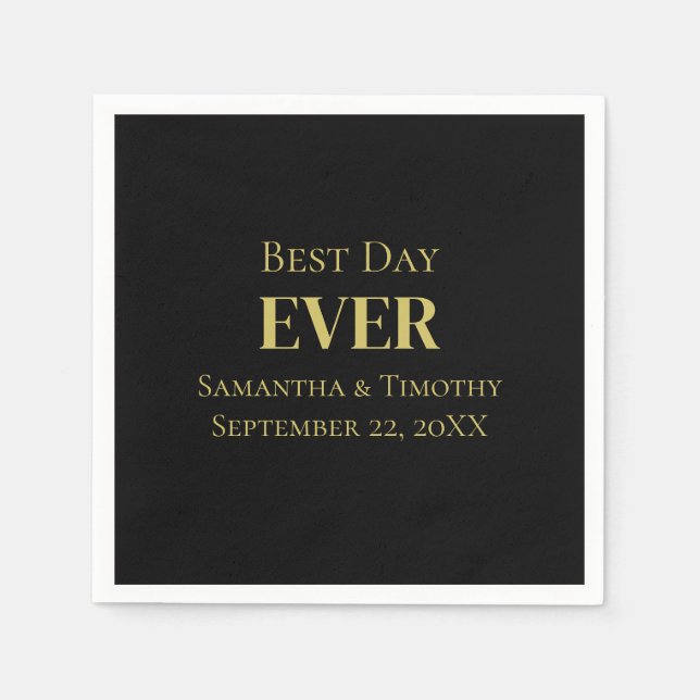 Personalized Black Gold Best Day Ever Wedding Napkins (Front)