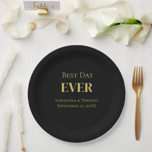Personalized Black Gold Best Day Ever Wedding Paper Plates
