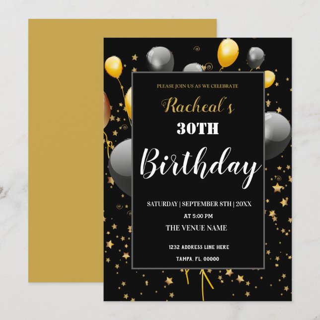Personalized Black & Gold Birthday Invitation (Front/Back)