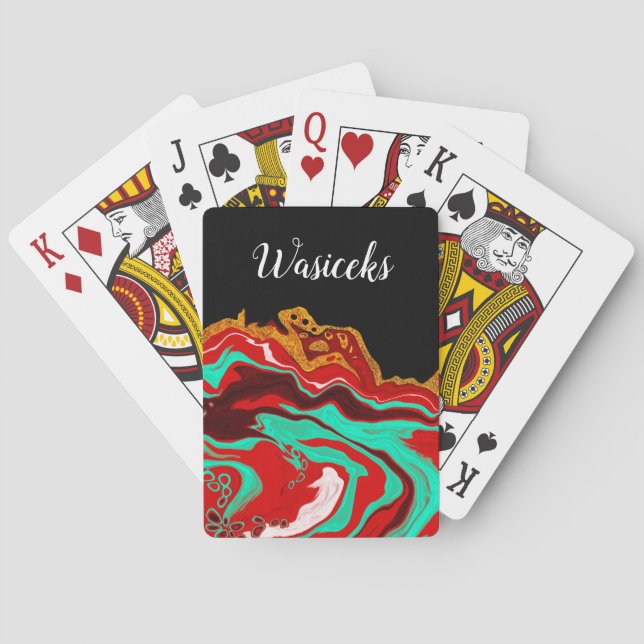 Personalized Black Gold Burgundy Marble Fluid Art  Poker Cards (Back)