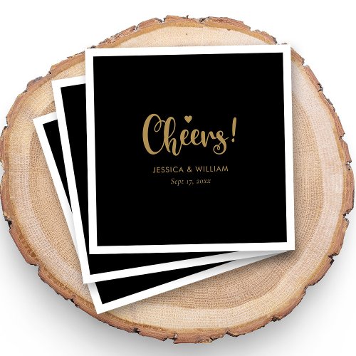 Personalized Black  Gold Cheers Wedding Cocktail Napkins