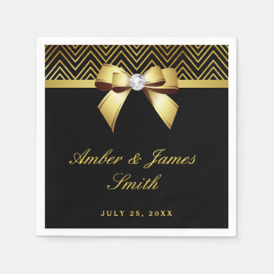 Personalized Black Gold Chevrons Bow Wedding Napkins