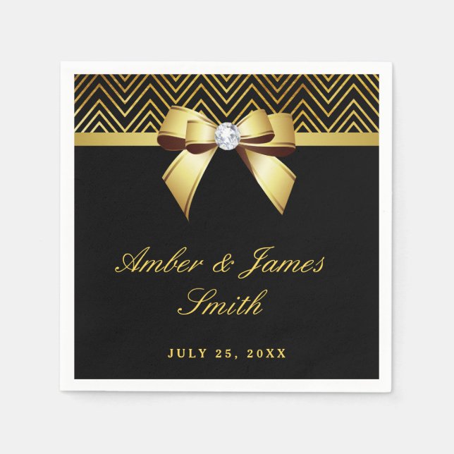 Personalized Black Gold Chevrons Bow Wedding Napkins (Front)