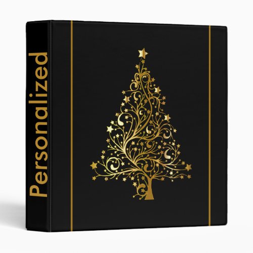 Personalized Black Gold Christmas Tree Pattern 3 Ring Binder