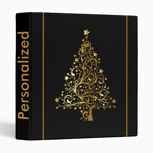 Personalized Black Gold Christmas Tree Pattern 3 Ring Binder (Front/Spine)