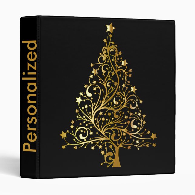 Personalized Black Gold Christmas Tree Pattern Binder (Front/Spine)