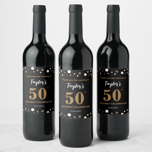 Personalized Black Gold Confetti 50th Birthday Wine Label (Bottles)