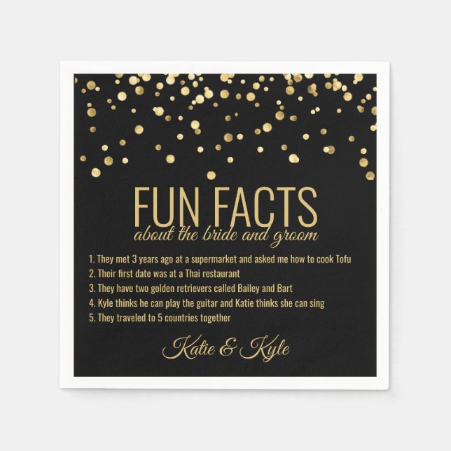 Personalized BLACK Gold Confetti FUN FACTS Napkins (Front)