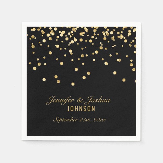 Personalized BLACK Gold Confetti Wedding | PARTY Paper Napkins (Front)