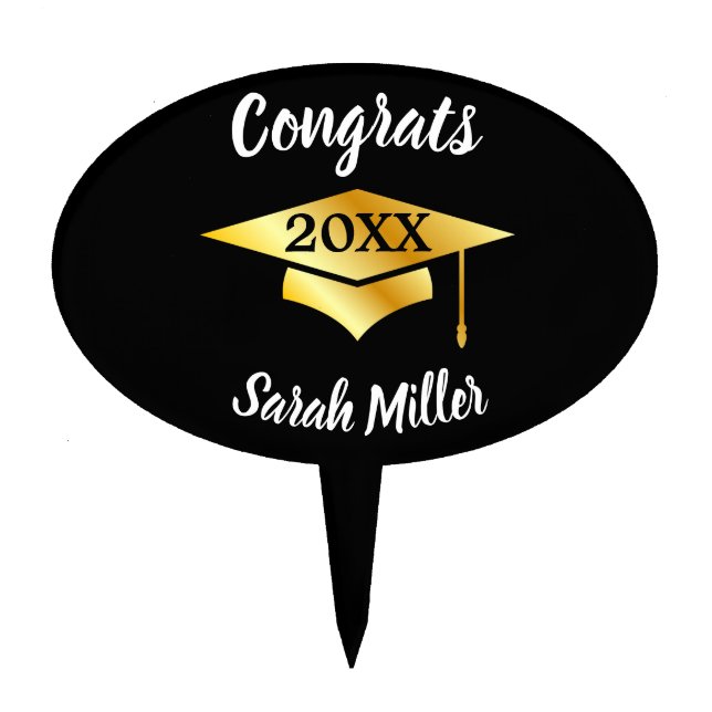 personalized black & gold congrats graduation cake topper (Front)