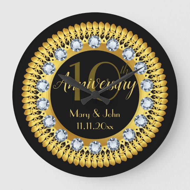 Personalized Black Gold Diamond Anniversary Luxury Large Clock (Front)