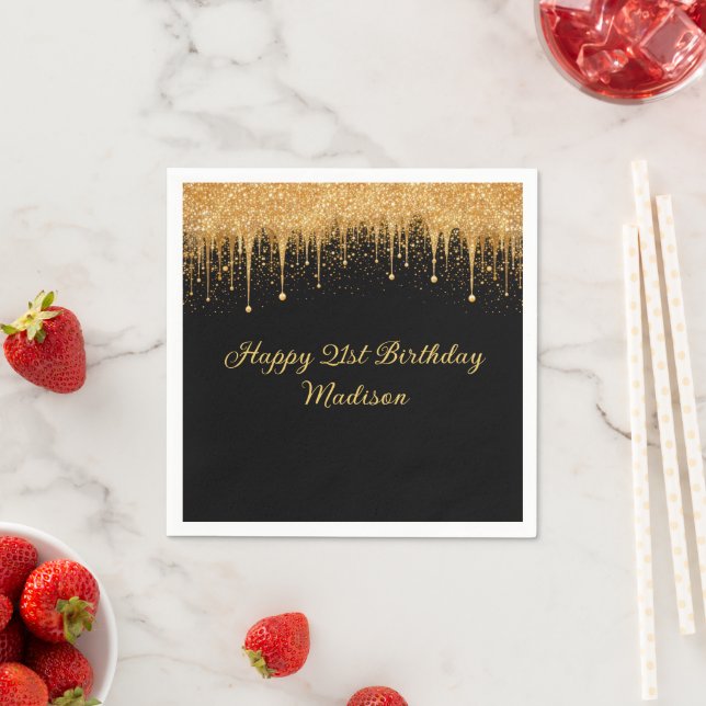 Personalized Black Gold Dripping Glitter Birthday Napkins (Insitu)