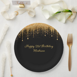 Personalized Black Gold Dripping Glitter Birthday Paper Plates