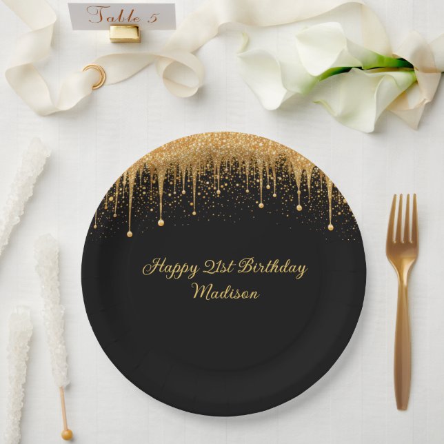 Personalized Black Gold Dripping Glitter Birthday Paper Plates (Wedding)