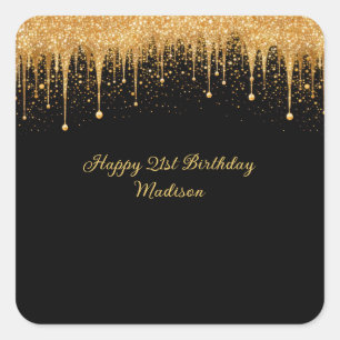 Personalized Black Gold Dripping Glitter Birthday Square Sticker