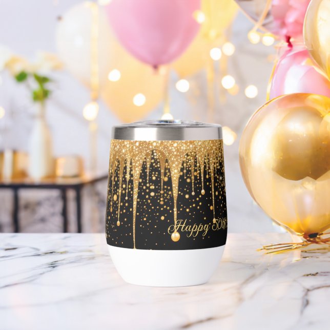 Personalized Black Gold Dripping Glitter Birthday Thermal Wine Tumbler (Bachelor Party (Rotated))