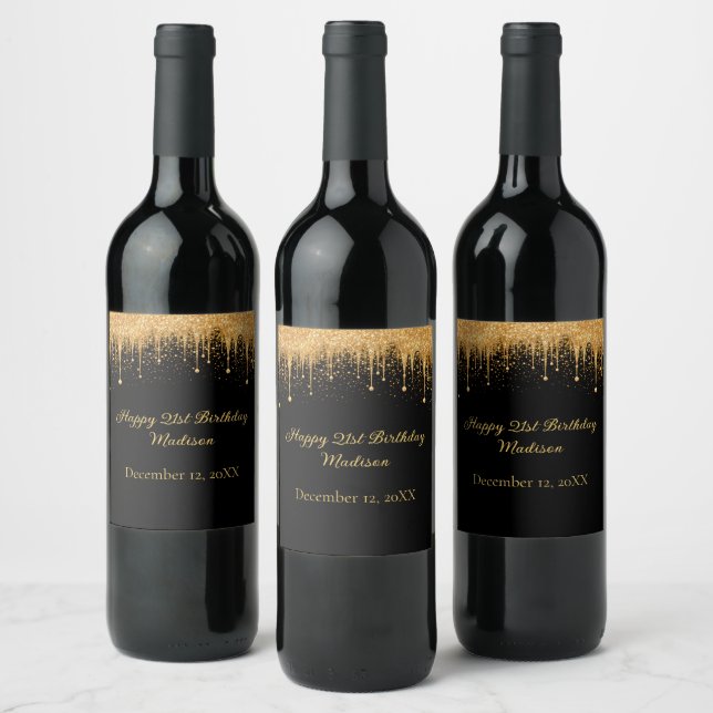 Personalized Black Gold Dripping Glitter Birthday Wine Label (Bottles)