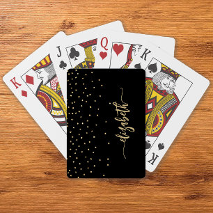Personalized Black Gold Elegant Script Confetti Poker Cards