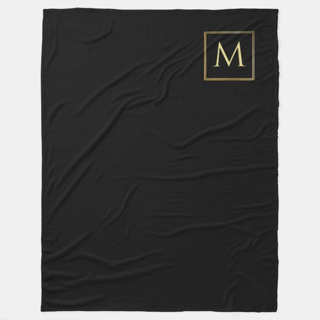 Personalized Black & Gold Elegant Trendy Monogram Fleece Blanket (Front)