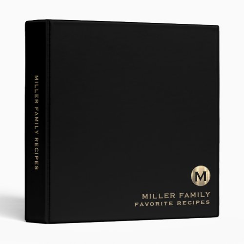 Personalized Black Gold Family Monogram Recipe 3 Ring Binder