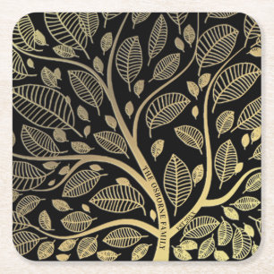 Personalized  Black Gold Family Tree Year Est Square Paper Coaster