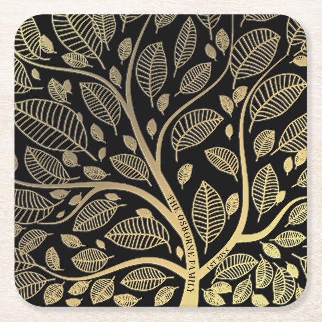 Personalized  Black Gold Family Tree Year Est Square Paper Coaster (Front)