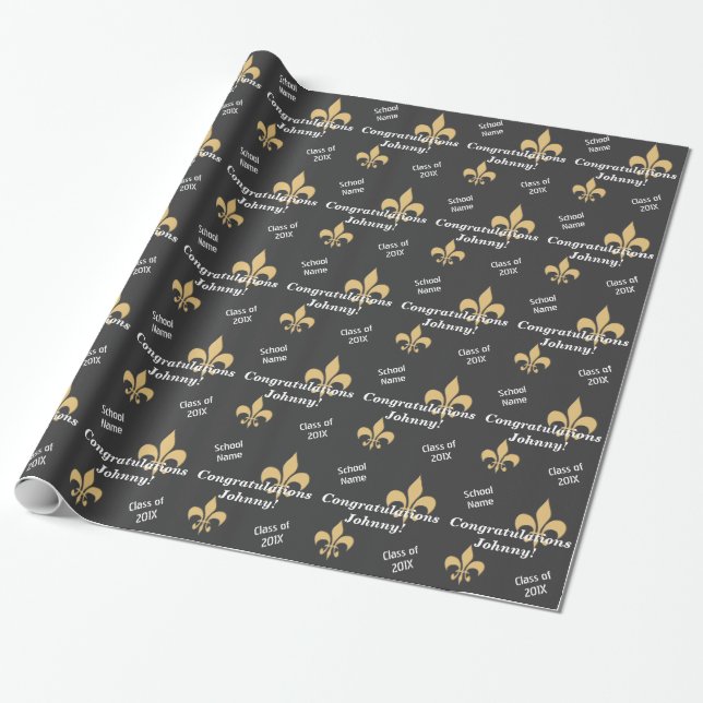 Personalized Black Gold Fleur de Lis Graduation Wrapping Paper (Unrolled)