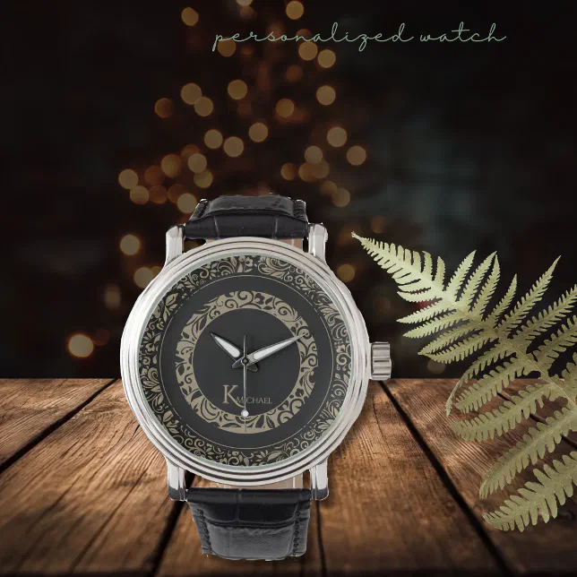 Personalized Black Gold Floral Pattern Monogram Watch | Zazzle