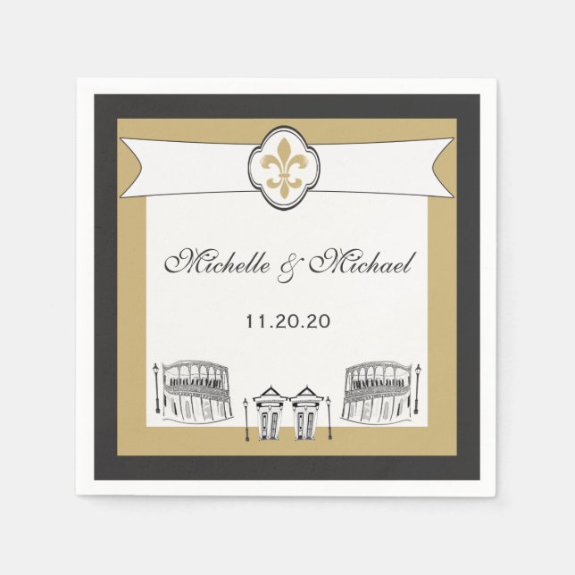 Personalized Black Gold French Quarter Scene Paper Napkins (Front)